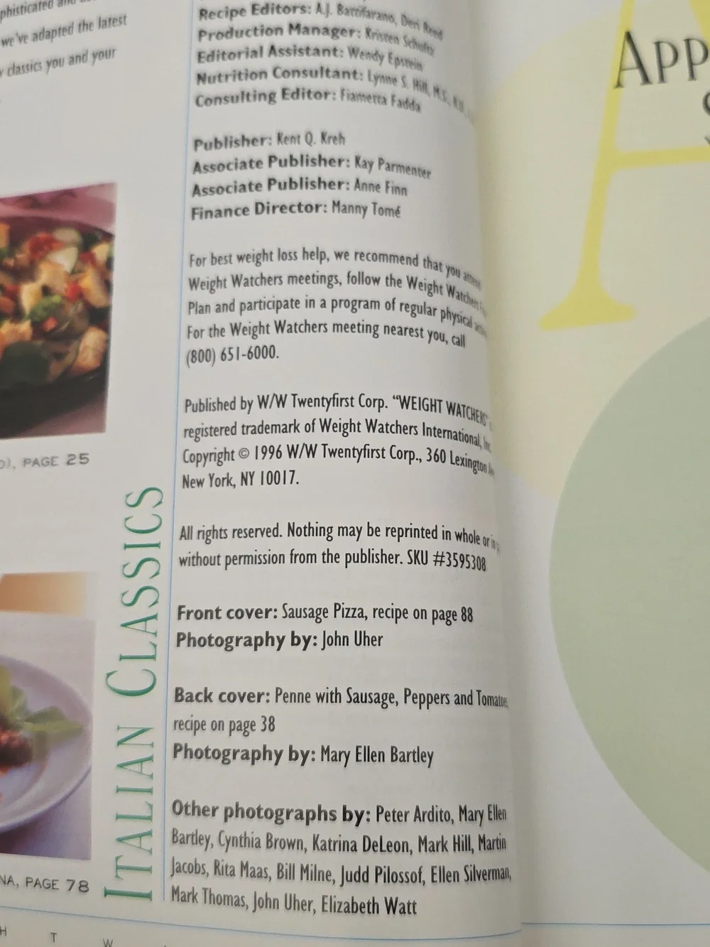 Weight Watchers Magazine Italian Classics Cookbook - Vintage 1996